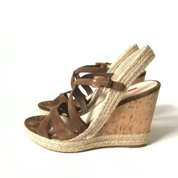 Prada Suede Cork Wedge Heels Sandals Womens 37 7 Brown Tan Platform Buckle Shoes - Picture 5 of 9